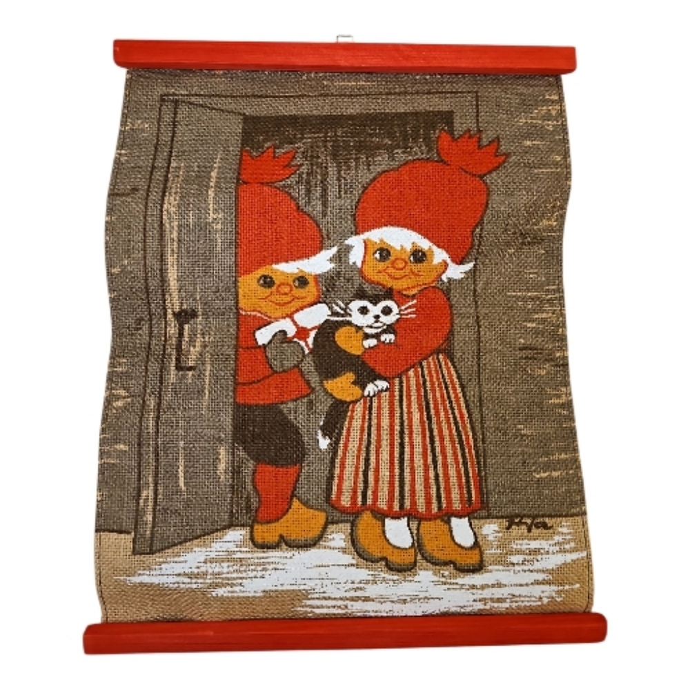 Vintage Scandinavian Christmas Textile Art – Tomte Elves Black Cat - Set of 2 - Picture 4 of 8